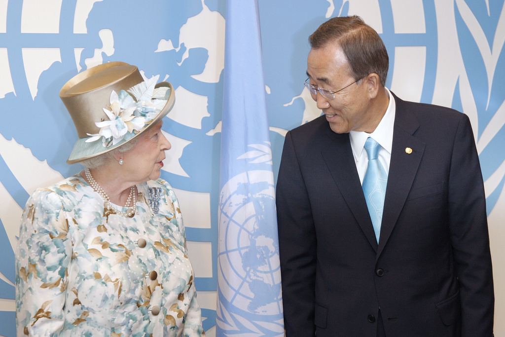 Secretary-General Ban Ki-moon (right) meets with Queen Elizabeth II of the United Kingdom.