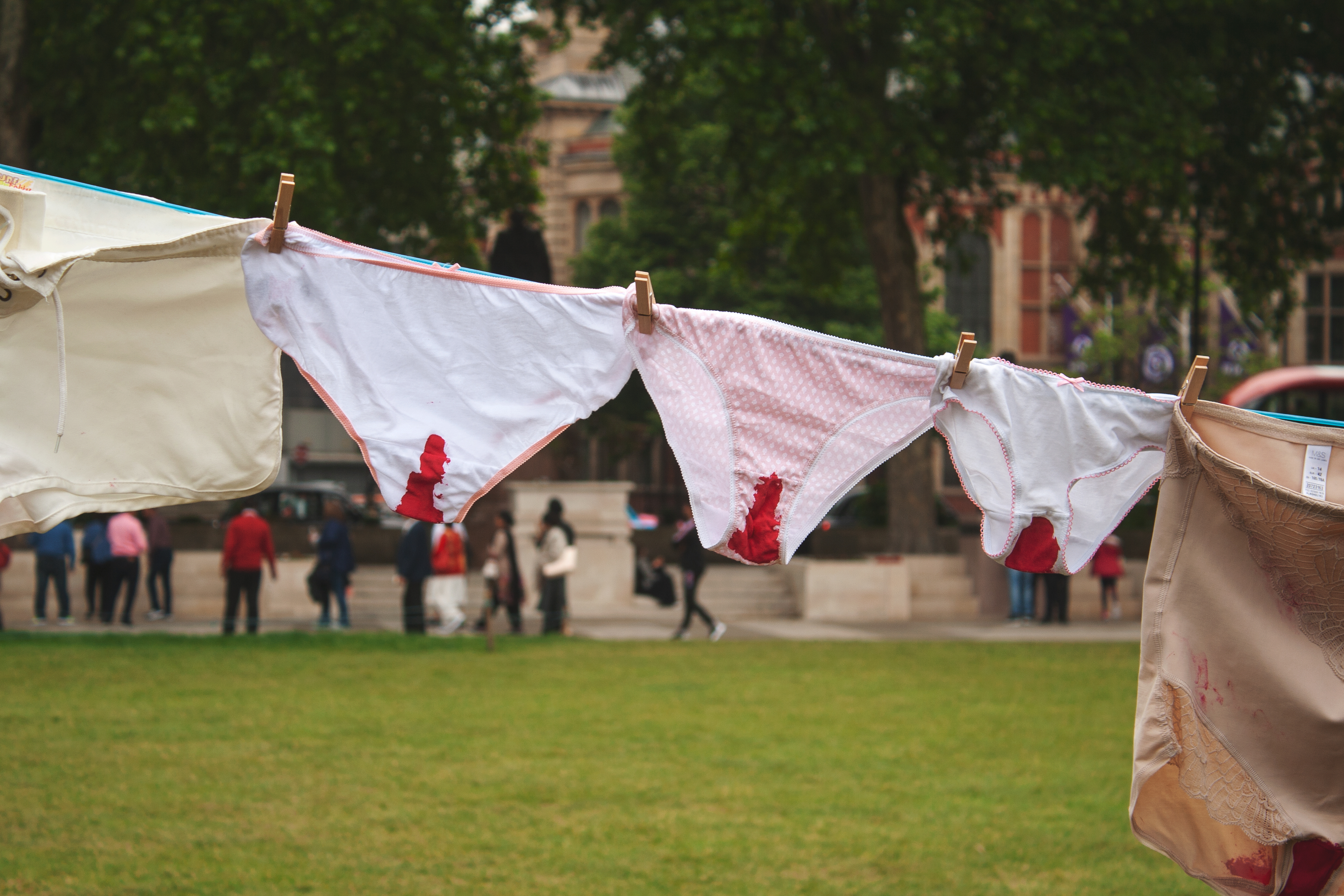 a line of 'bloody' pants to highlight period poverty 