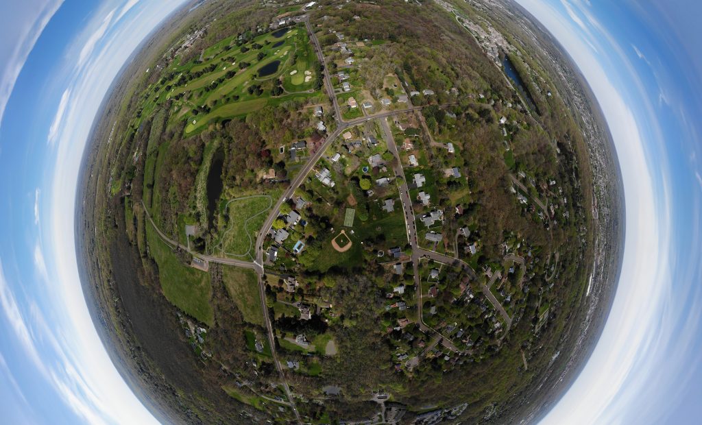 a fish eye view of a small village from above